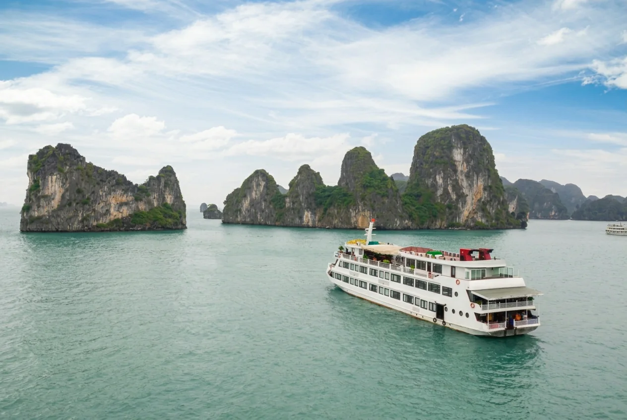 Limestone islands rising from the waters of Hạ Long Bay